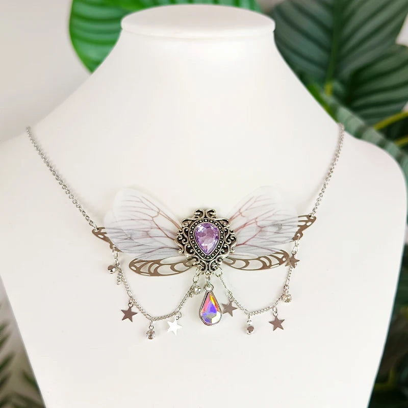 Witch Fairycore Butterfly Crystal Tassels Pendant Necklace Woodland Fairies Forest Pixie Goddess Necklace for women