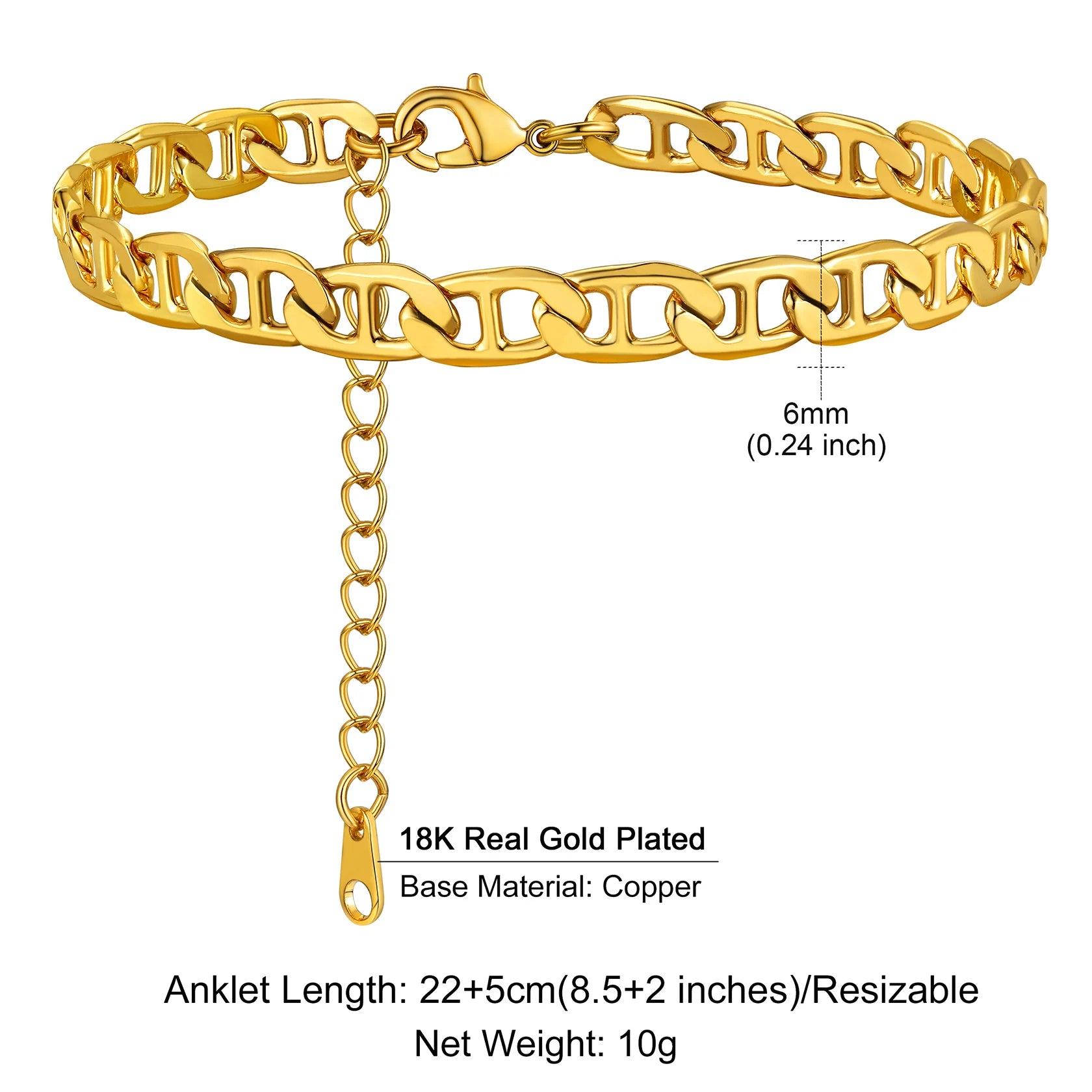 U7 Ankle Bracelets for Women 6mm Flat Curb Cuban Link Snake Figaro Mariner Link Chain Anklets Summer Beach Feet Jewelry Gift