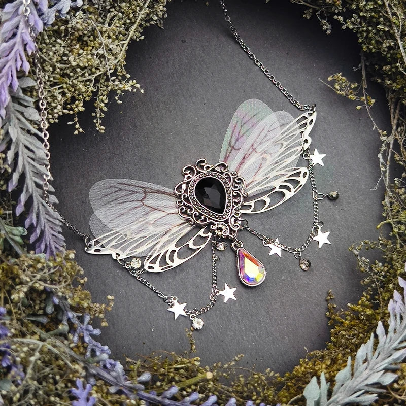 Witch Fairycore Butterfly Crystal Tassels Pendant Necklace Woodland Fairies Forest Pixie Goddess Necklace for women